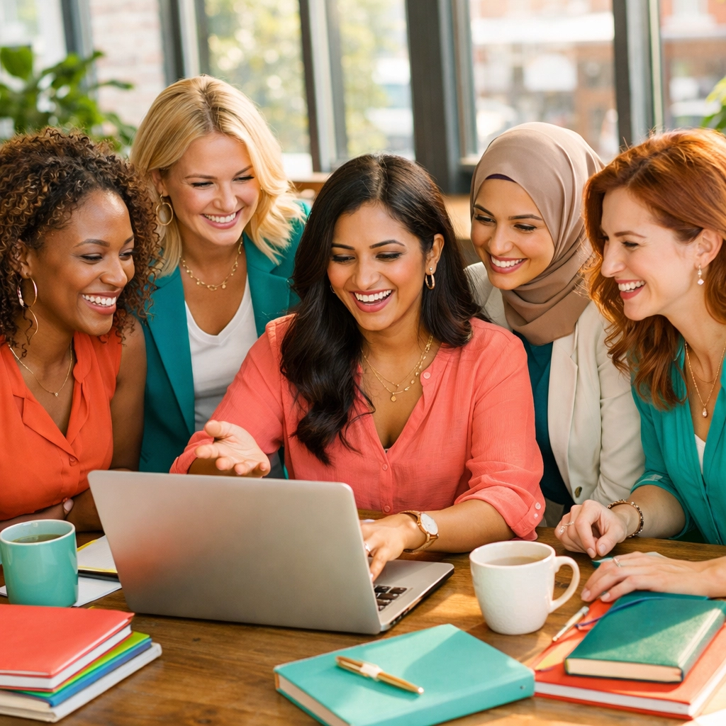 Diverse women entrepreneurs collaborating on AI consulting startup at co-working space