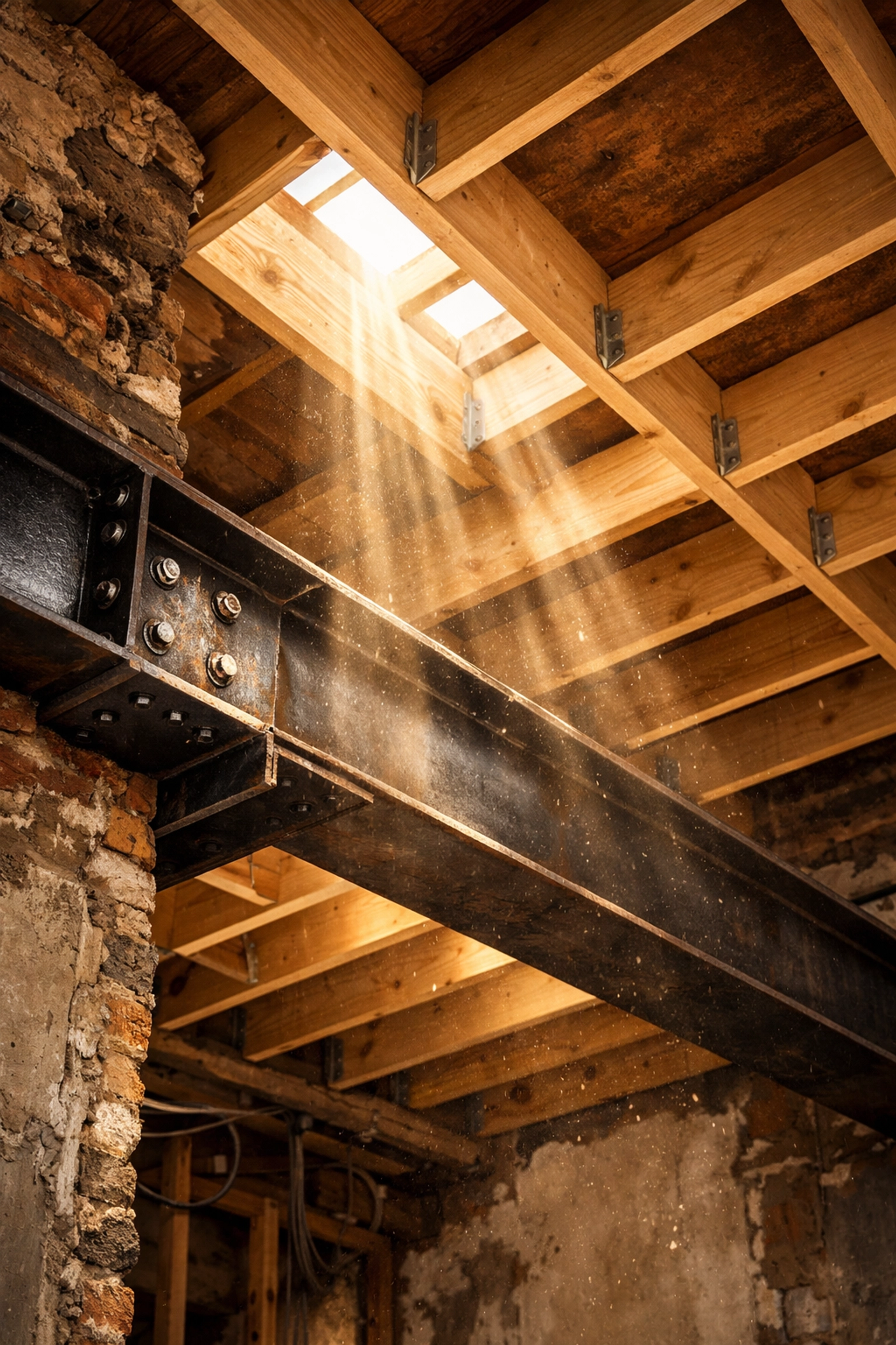 Structural steel RSJ beam and timber joists installed during a bungalow to house transformation in West Sussex.