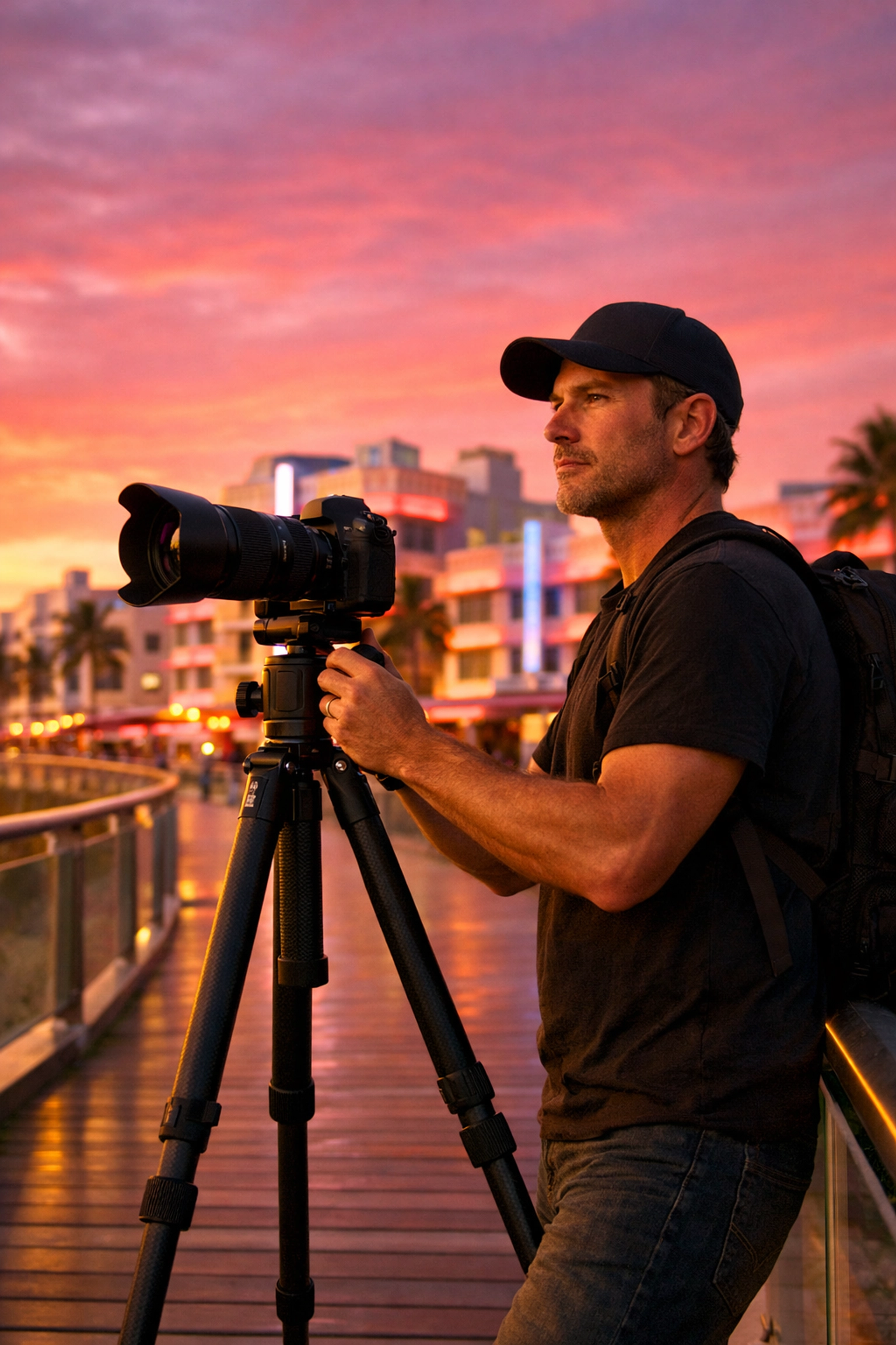 Professional commercial photographer Miami shooting at sunset on an Ocean Drive boardwalk during magic hour.