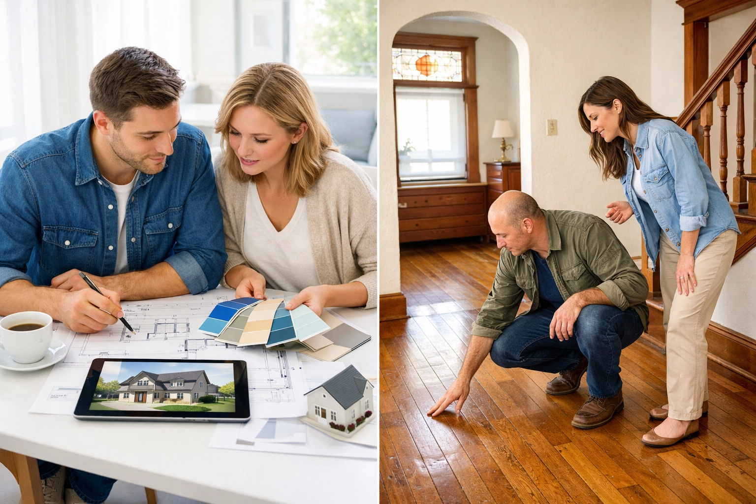 Home buyers comparing new construction plans and touring resale home options