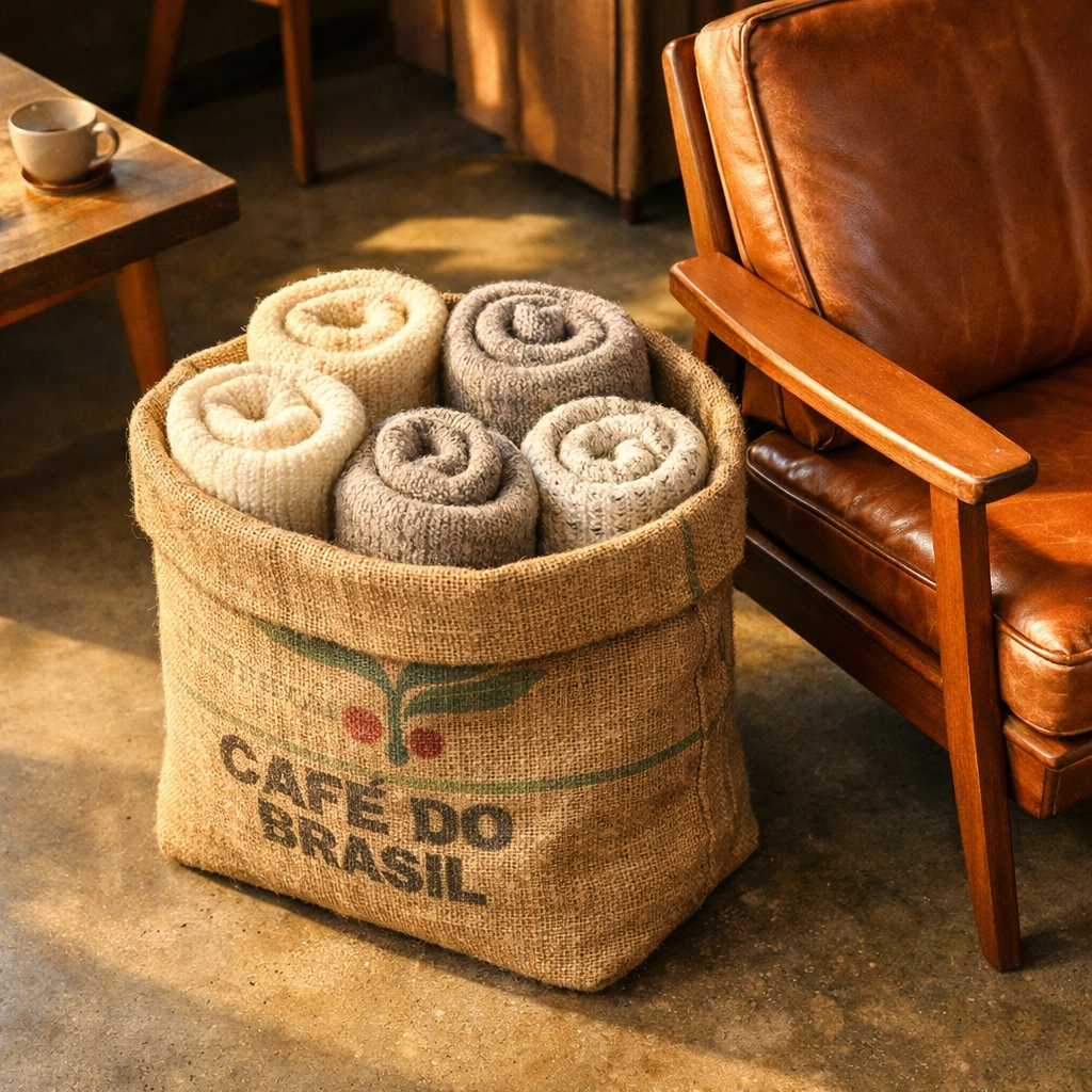 Upcycled burlap coffee sack repurposed as a cozy storage basket for blankets in a cafe.