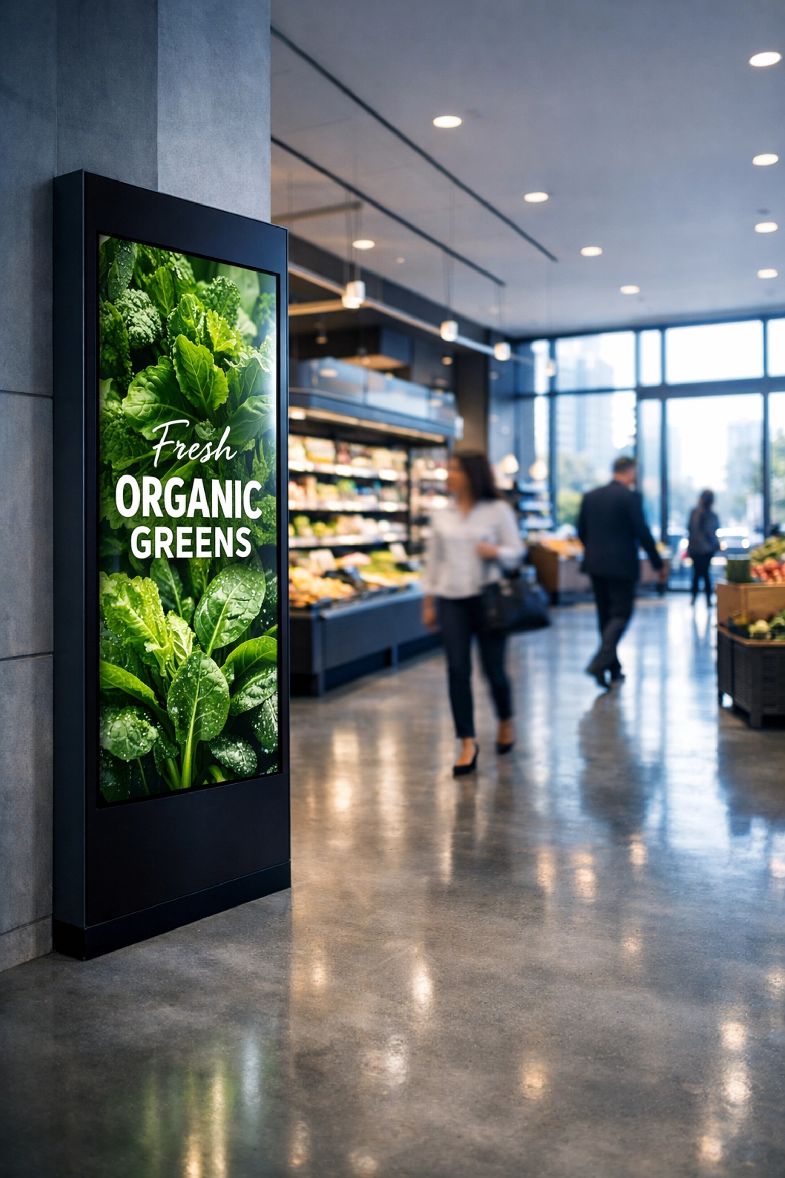 Modern grocery store interior featuring a sleek digital advertising pylon for hyper-targeted DOOH venue marketing.