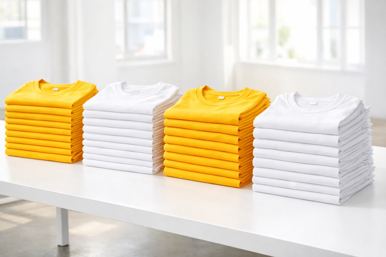 Neatly folded stacks of yellow summer camp t shirts ready for a bulk custom t shirt printing order.