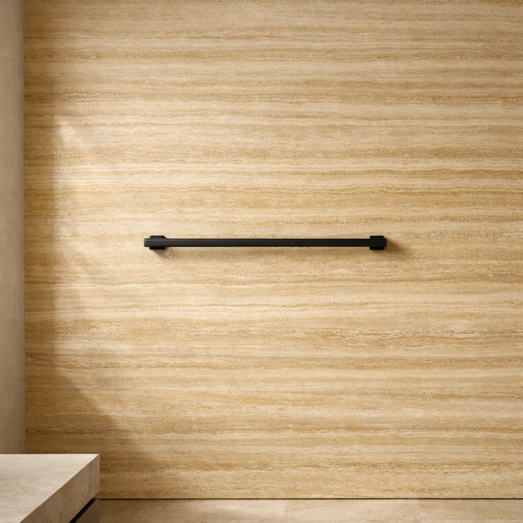 Modern bathroom featuring RS-Milan Travertine natural stone wall panels with matte black fixtures.