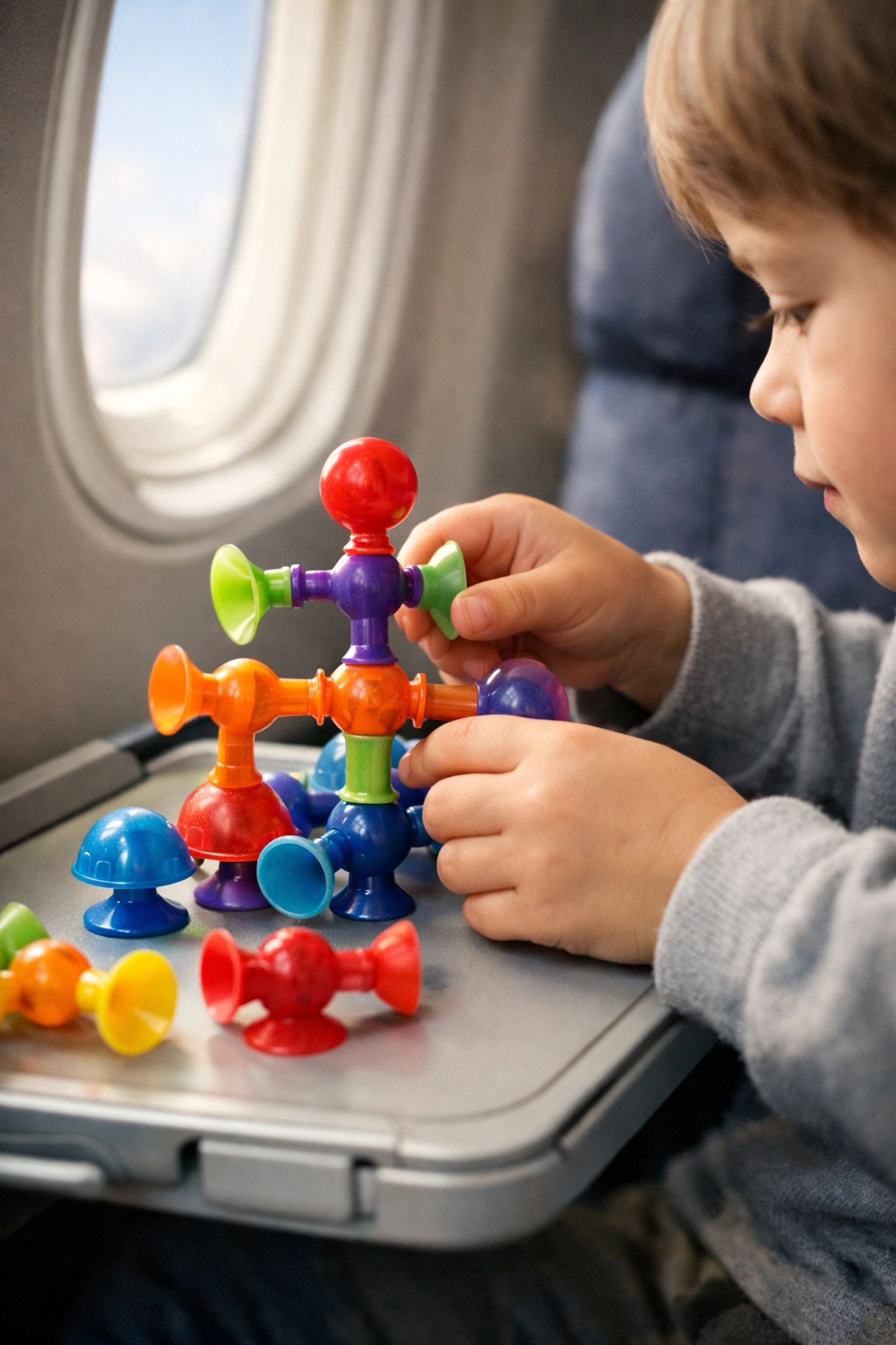 A child plays with screen-free sensory suction cup toys on an airplane tray table.