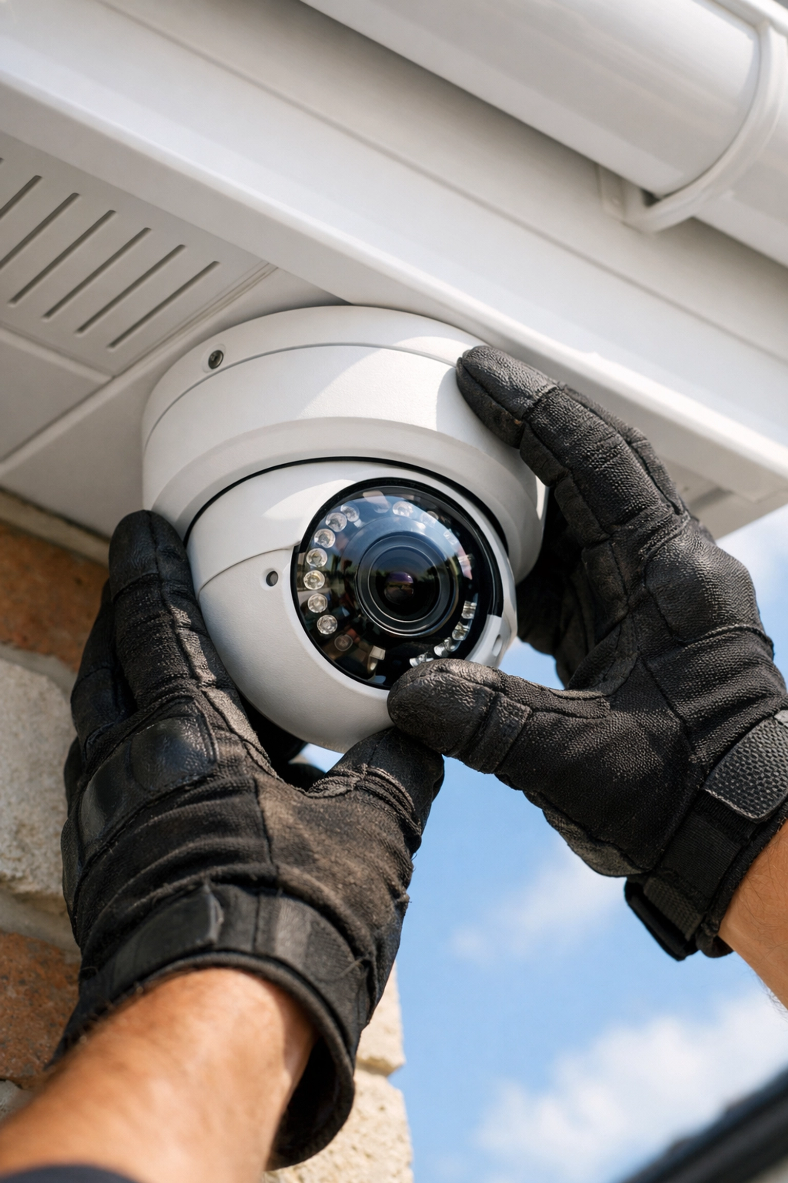 Expert technician installing a sleek white dome security camera on a modern UK home soffit.