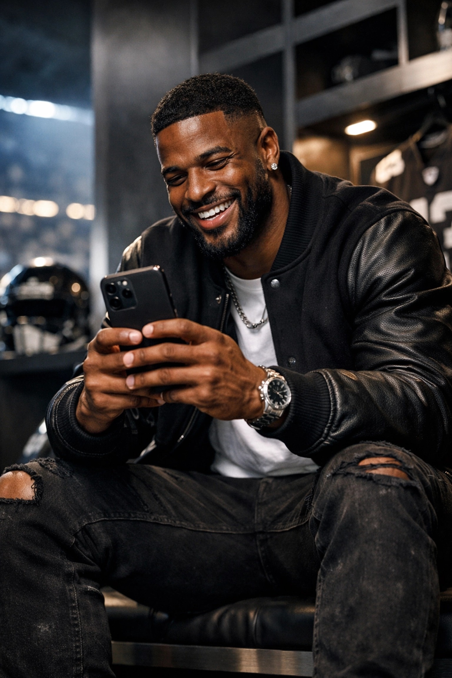 Professional football player creating authentic NIL content for brand partnerships in a locker room.