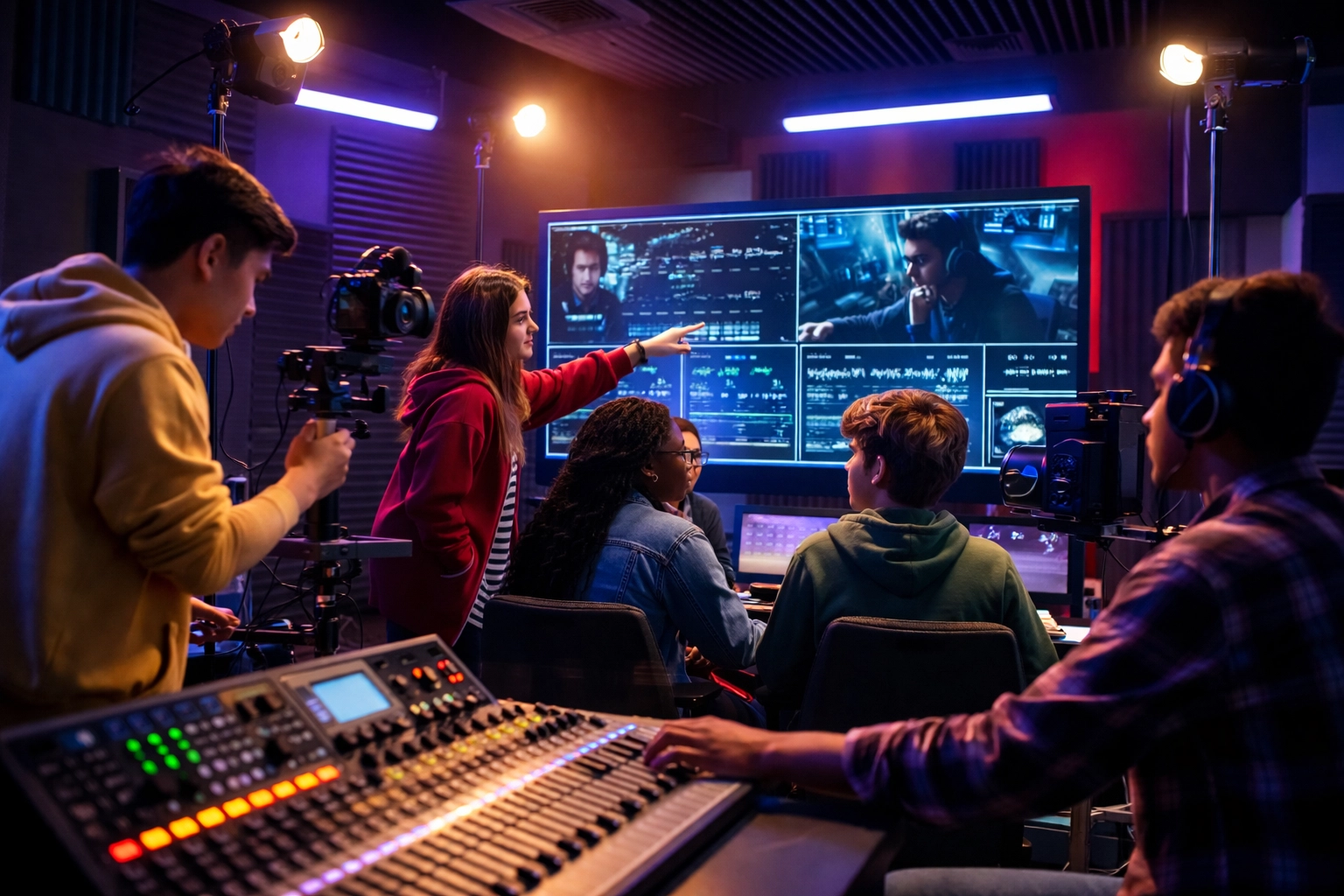 High school students working together in a professional esports streaming studio environment