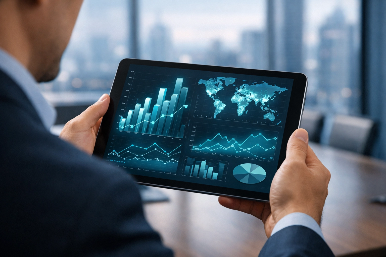 Professional reviewing a real-time data analytics dashboard on a tablet for campaign optimization.