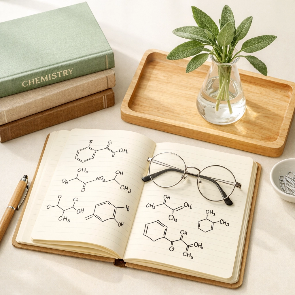 Organized student study desk with chemistry textbooks and molecular structures, symbolizing solid academic foundations.