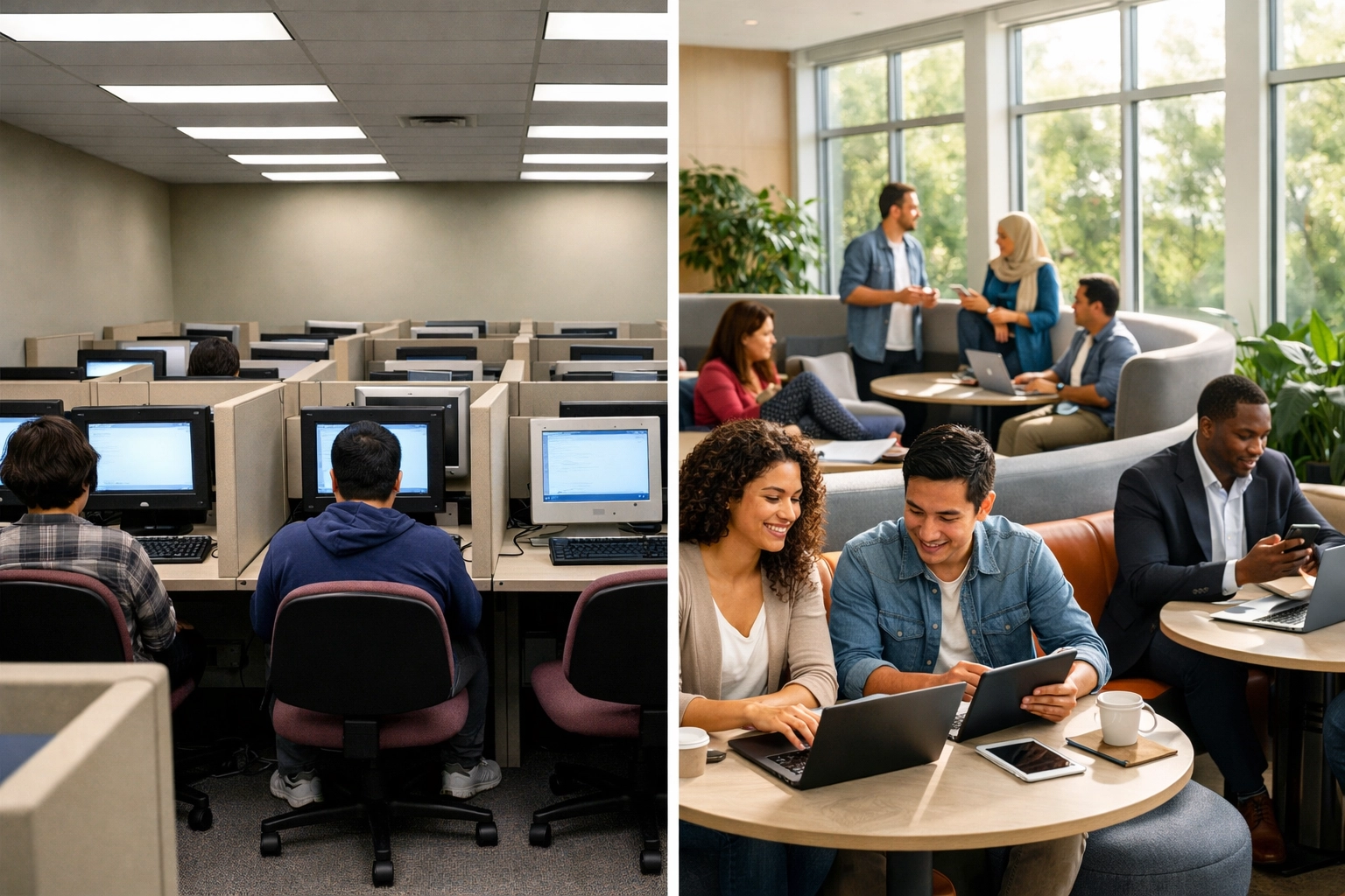 Comparison of traditional computer lab rows versus modern collaborative pod workspace for workforce development