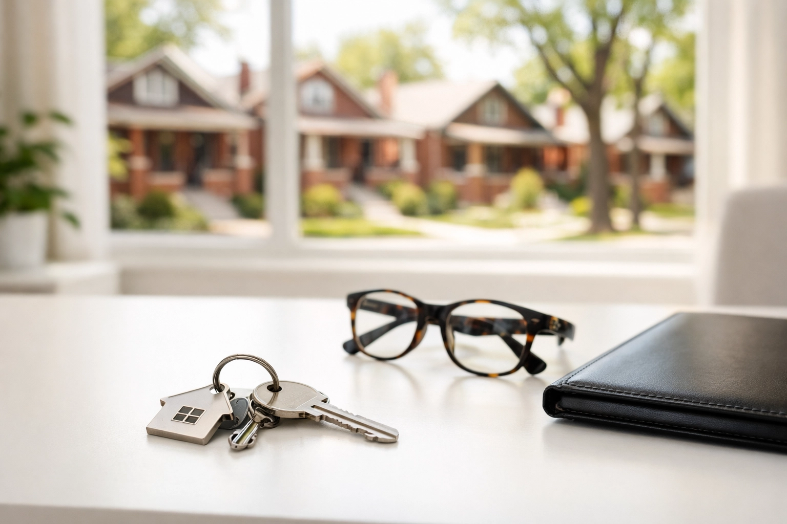 Professional desk with house keys and a view of classic Denver brick bungalows through the window.
