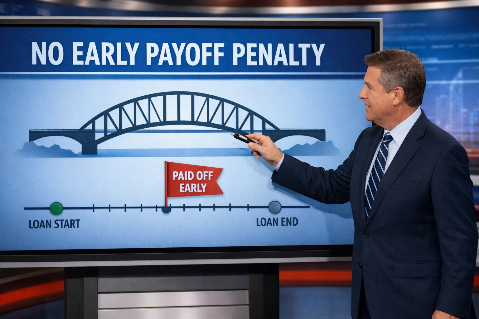 News analyst presenting “No Early Payoff Penalty” with bridge graphic