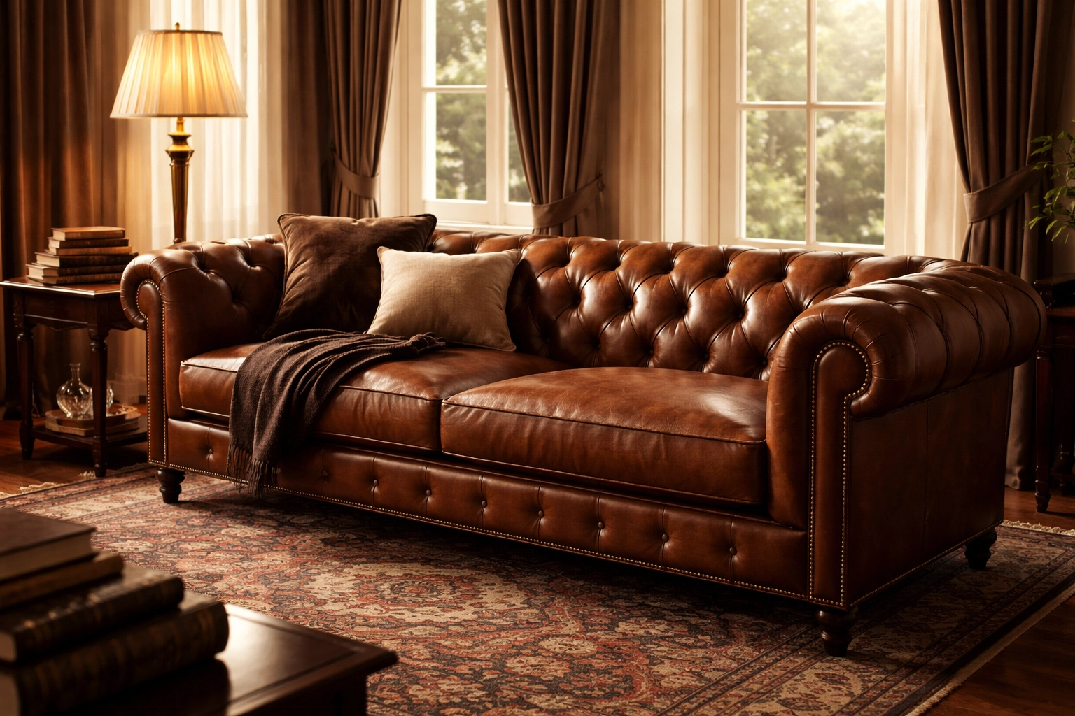 Luxury Chesterfield sofa in rich tobacco leather with vintage rug and brass details in a high-end living room