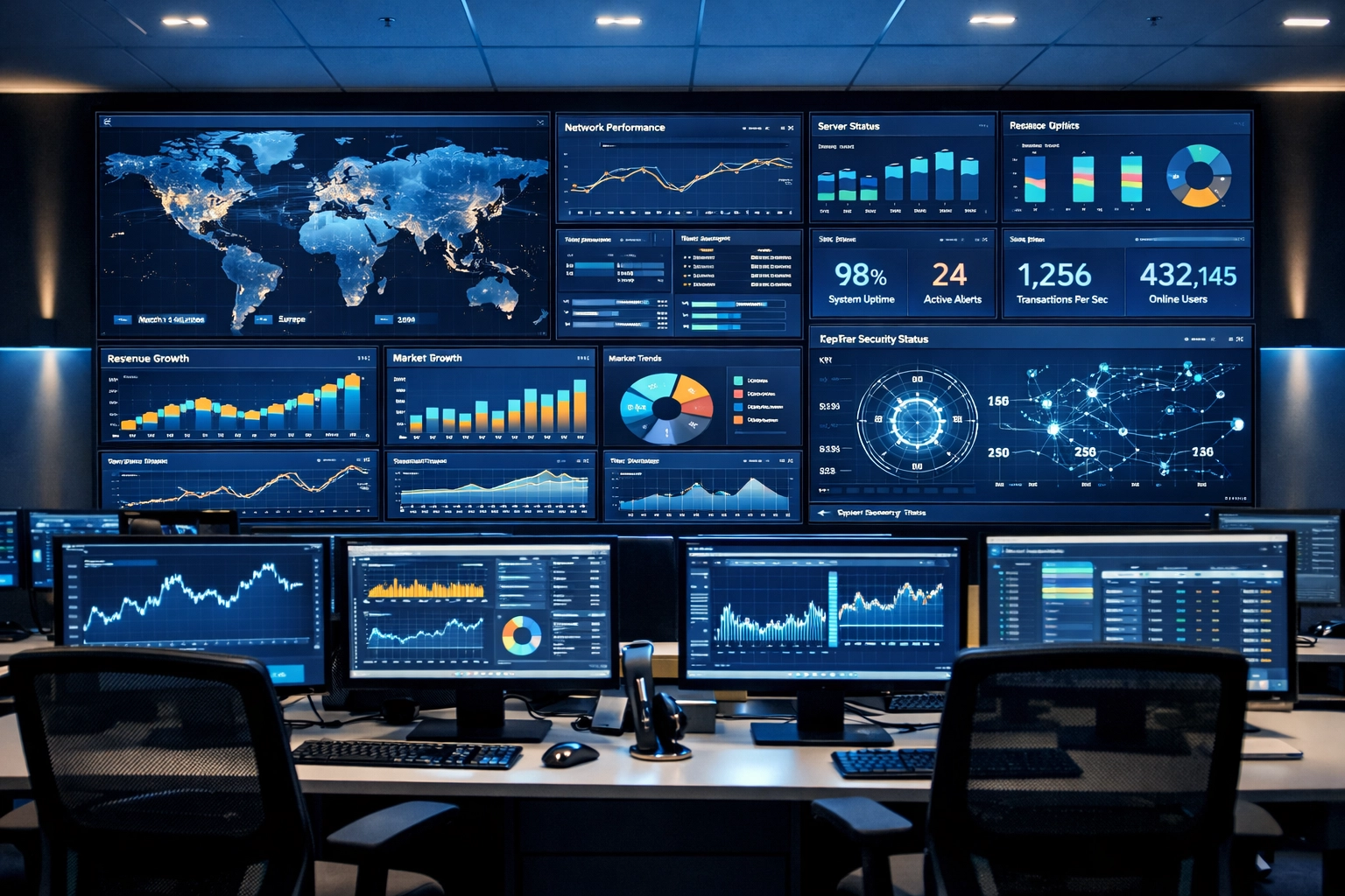 Business operations center with real-time data displays managing Dakdan's workforce development programs