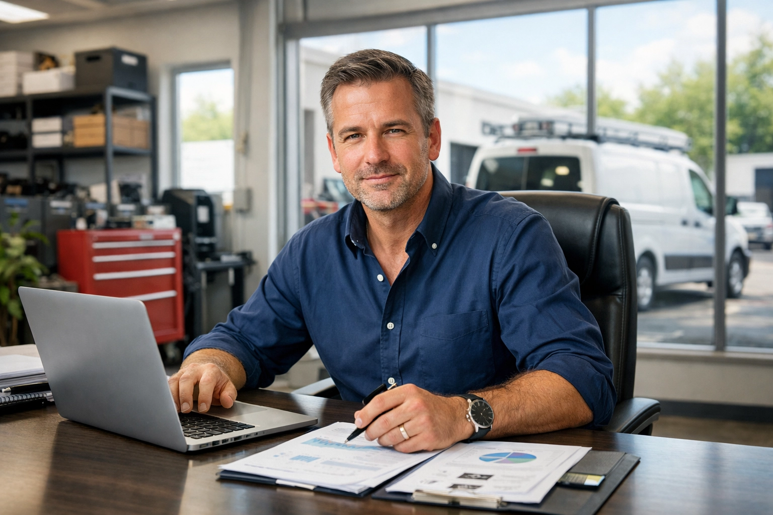 Service business owner managing operations with fleet vehicles visible