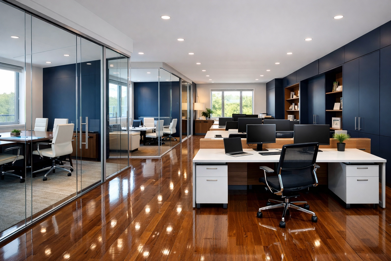 Sleek and spotless Westford office interior showcasing professional commercial cleaning and floor care.
