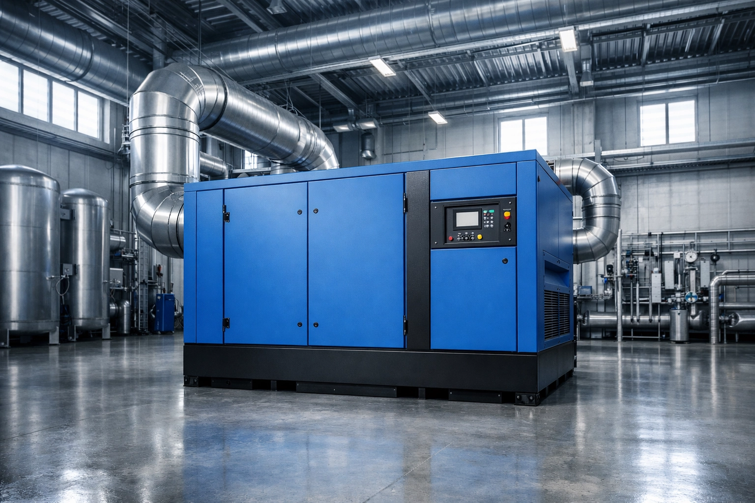 Industrial screw compressor in a ventilated room with exhaust ducting for optimal cooling and thermal stability.