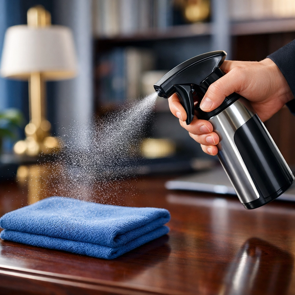 Proper house cleaning in North Cambridge by spraying disinfectant on a cloth instead of directly on furniture.