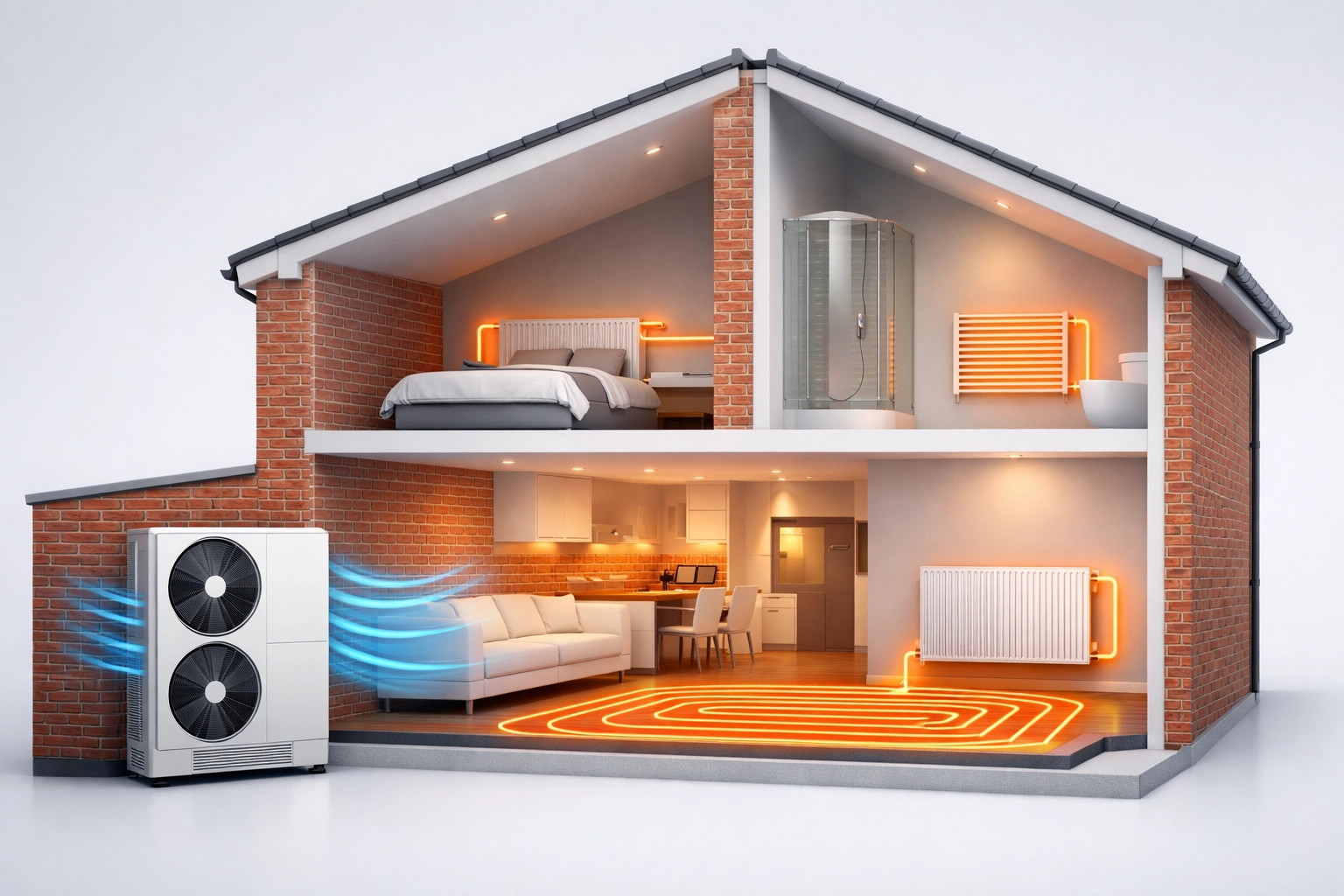 Air-source heat pump system diagram showing efficient heating in UK home