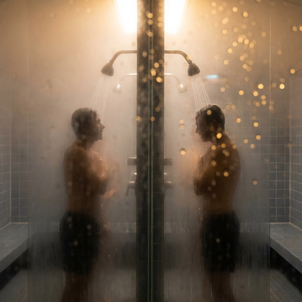 Two men in steamy communal shower connecting romantically in gay gym romance story