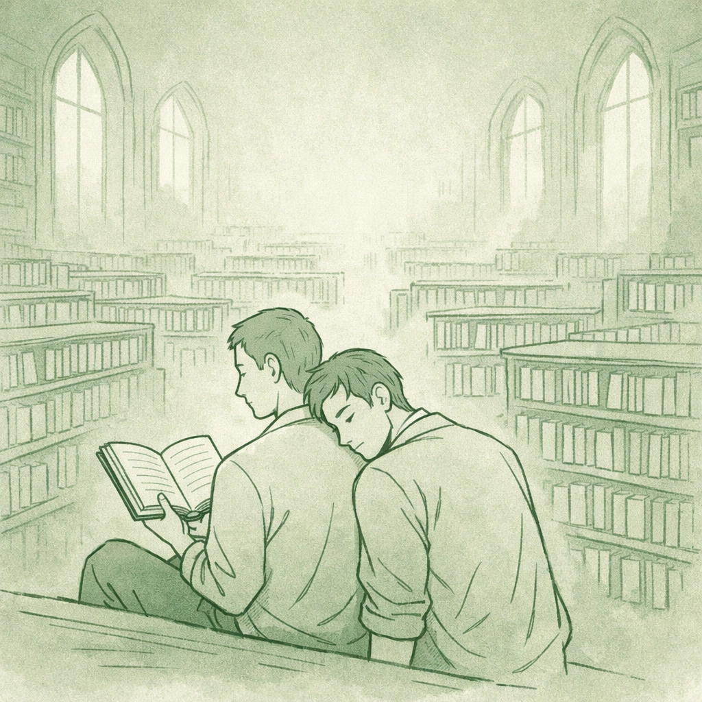 Two men reading together in ethereal library representing MM romance and infinite possibilities