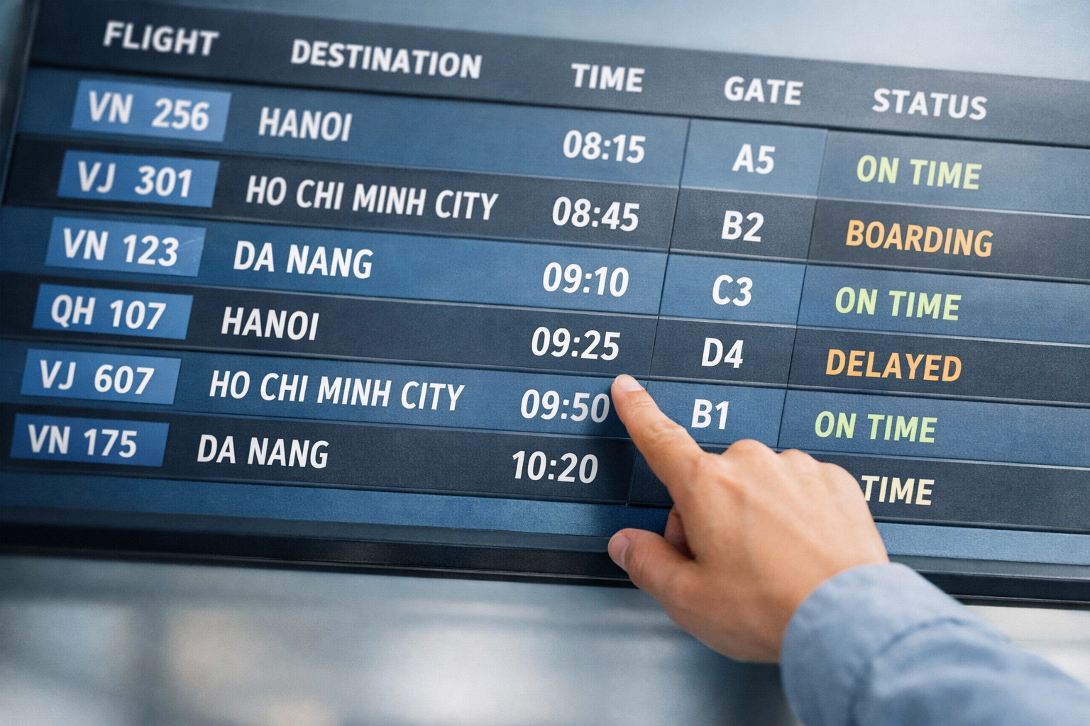 Vietnam airport departure board showing Hanoi and Ho Chi Minh City entry ports for visa application