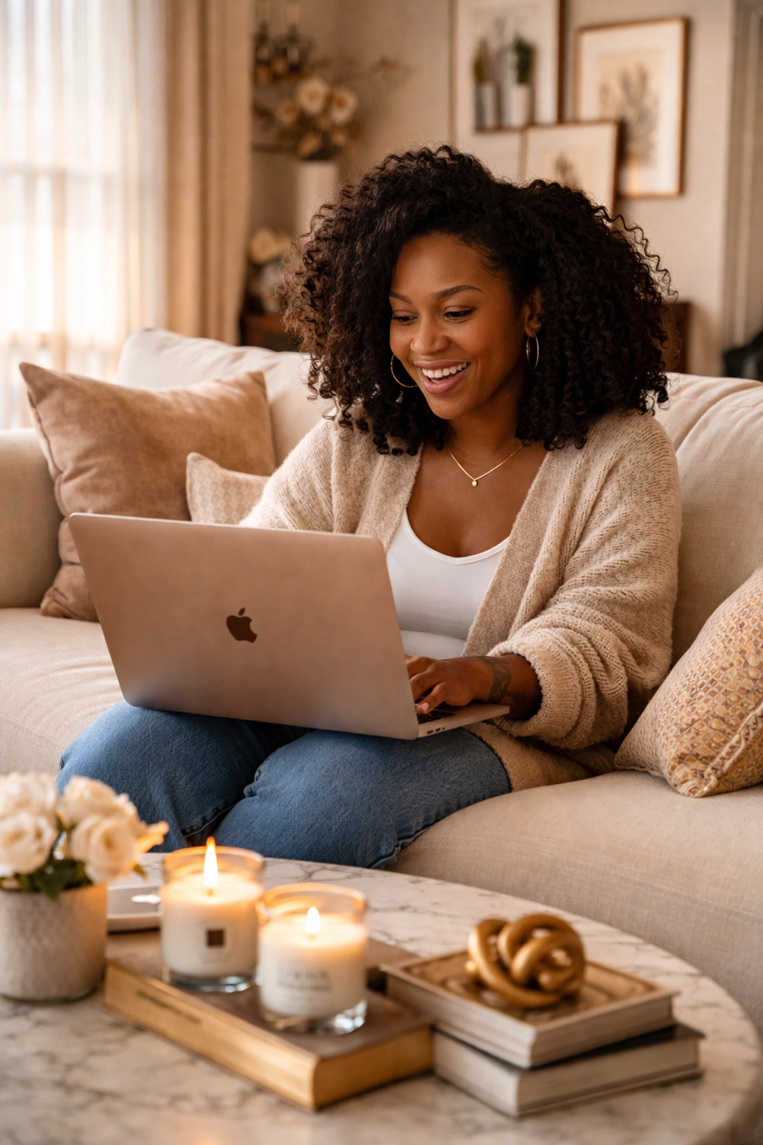 Why Everyone Is Talking About Buying Black (And You Should Too) Black woman browsing Black Wall Streets marketplace on a laptop in a chic, cozy home setting.