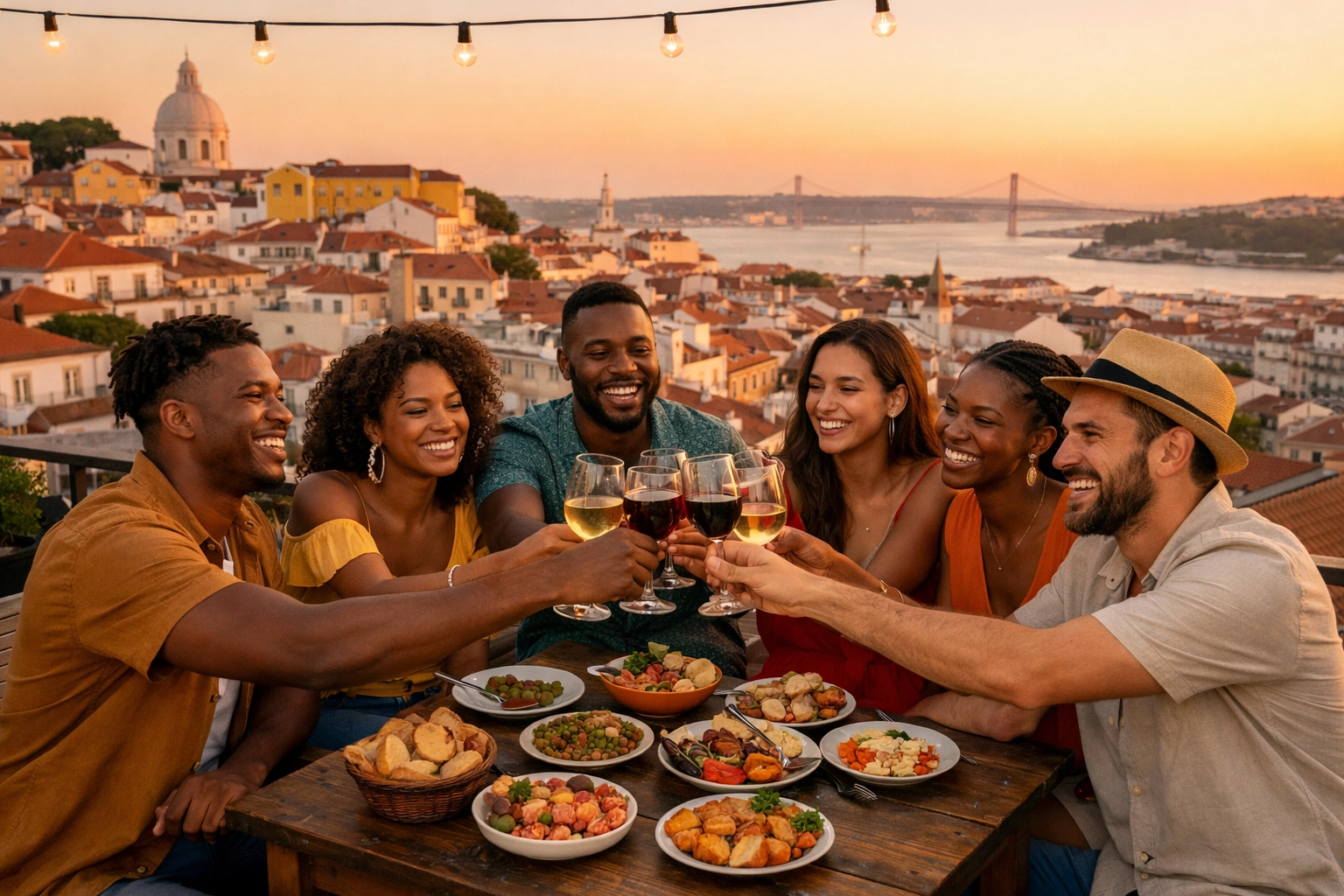 Friends enjoying a rooftop dinner, a perfect group vacation idea for travelers seeking social experiences.