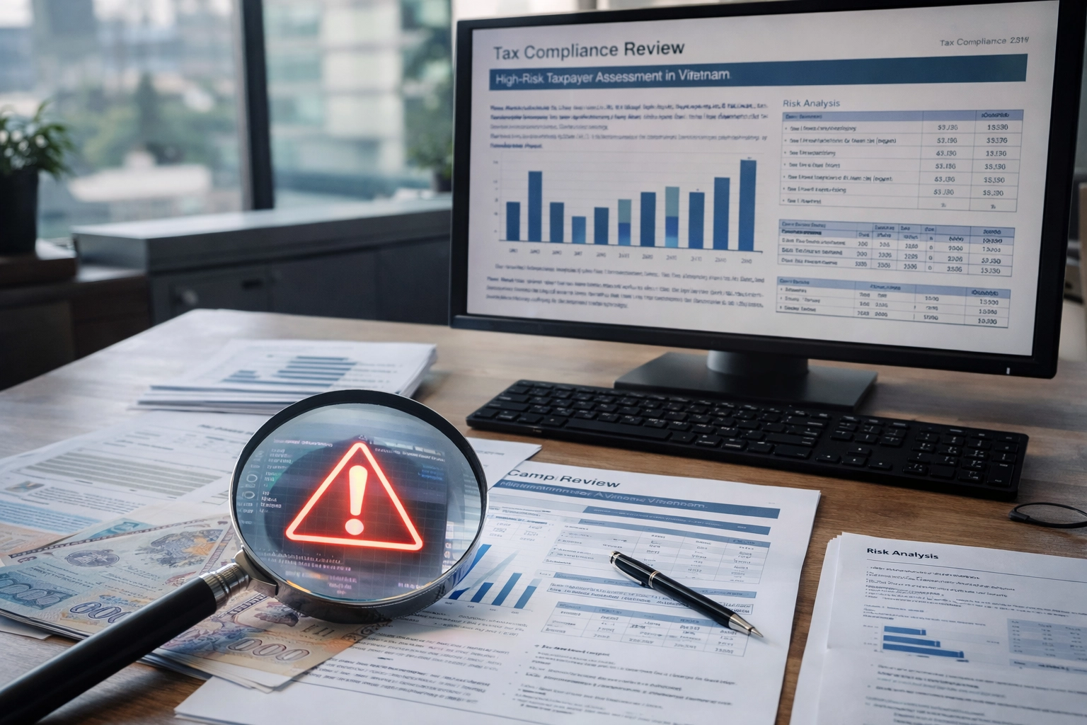 Magnifying glass inspecting digital data for Circular 32 high-risk taxpayer compliance check