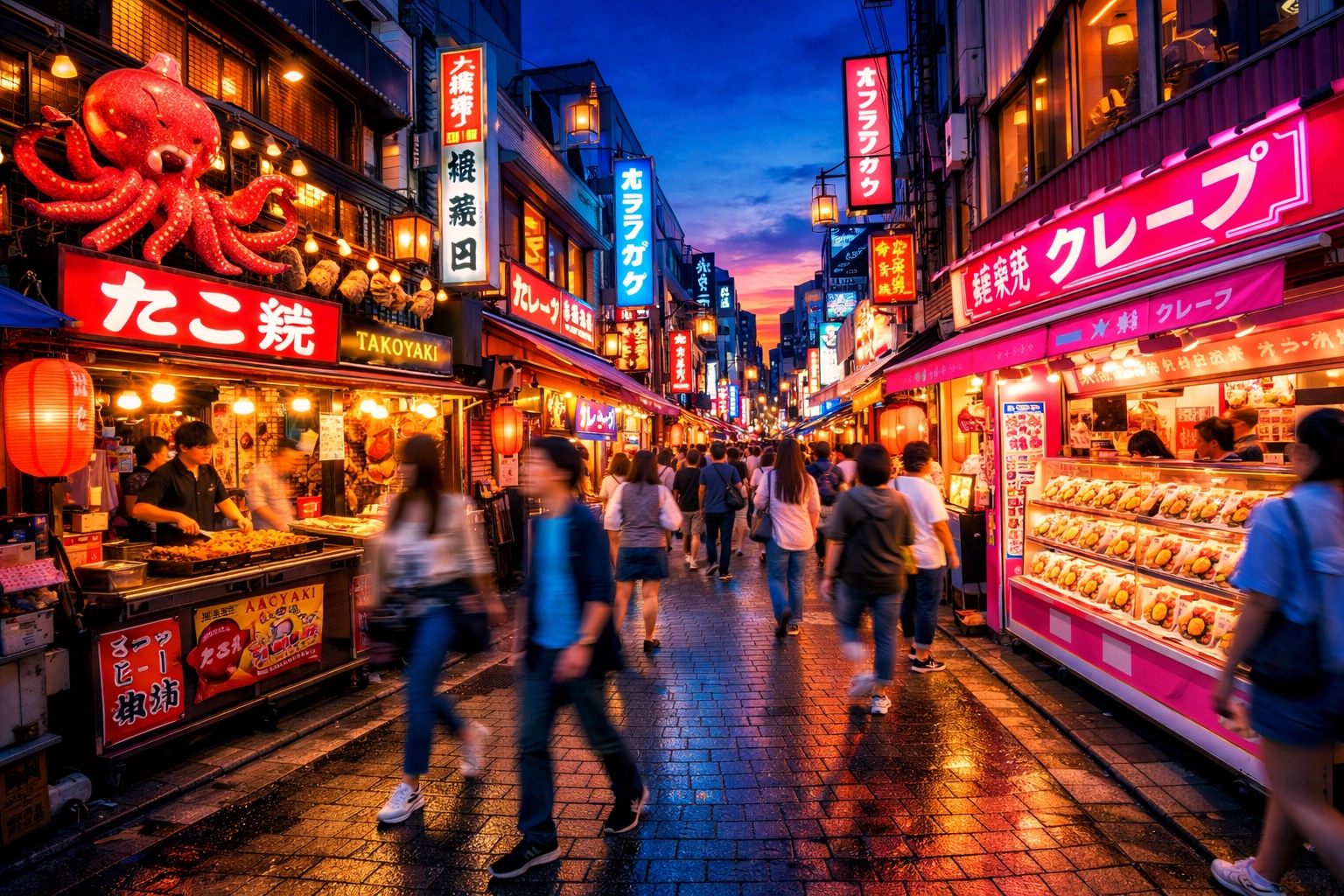 Vibrant neon lights and busy street food stalls in a popular Tokyo neighborhood at twilight.