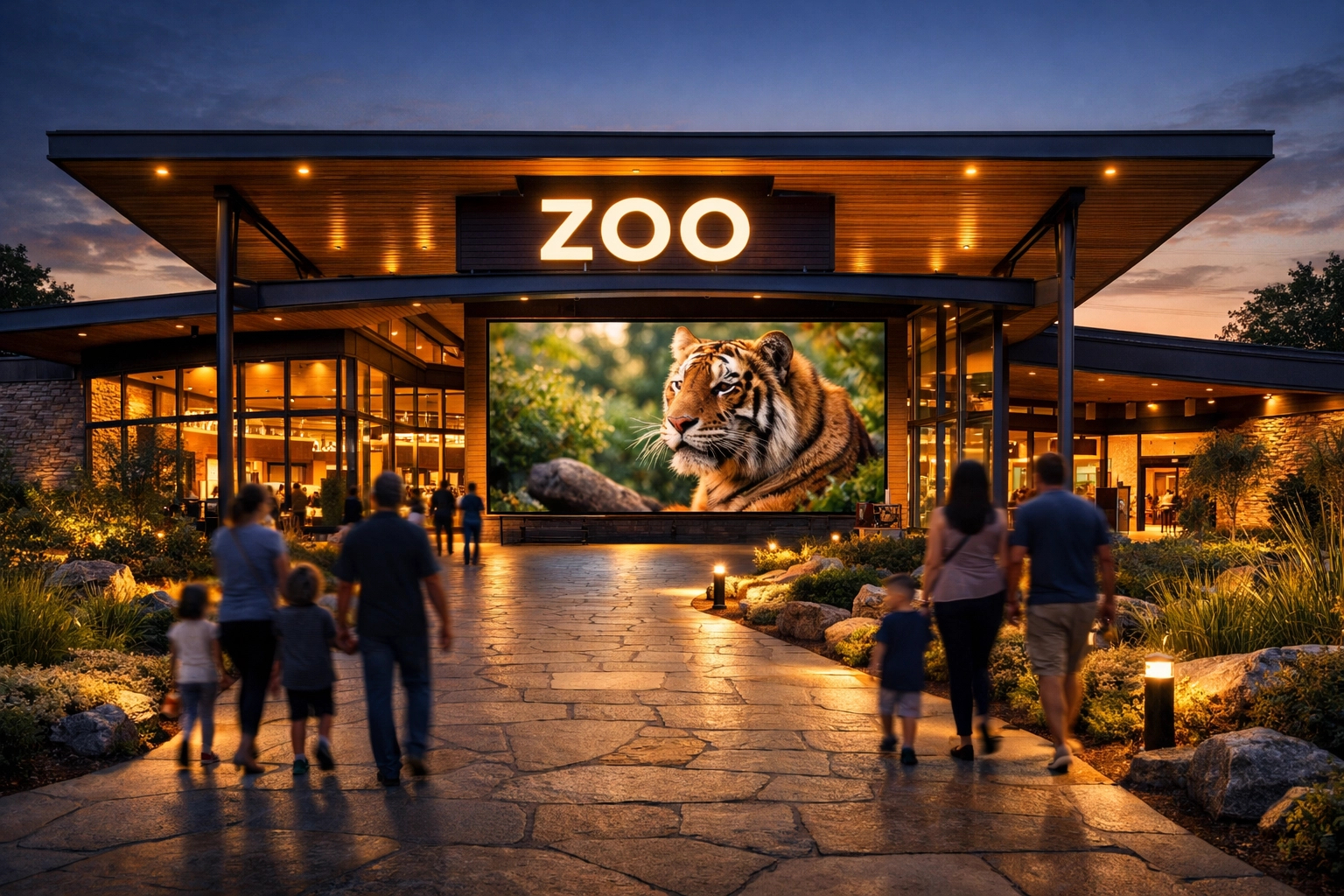 Modern zoo entrance architecture with families, representing professional visual identity and visitor trust.