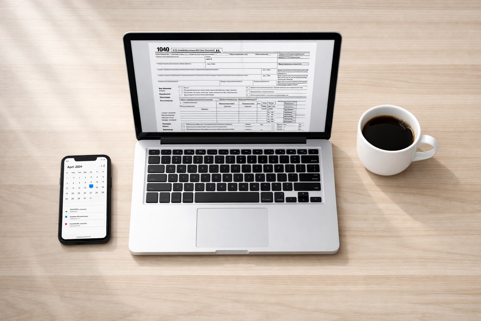 Tax preparer workspace with laptop showing electronic filing forms and organized calendar