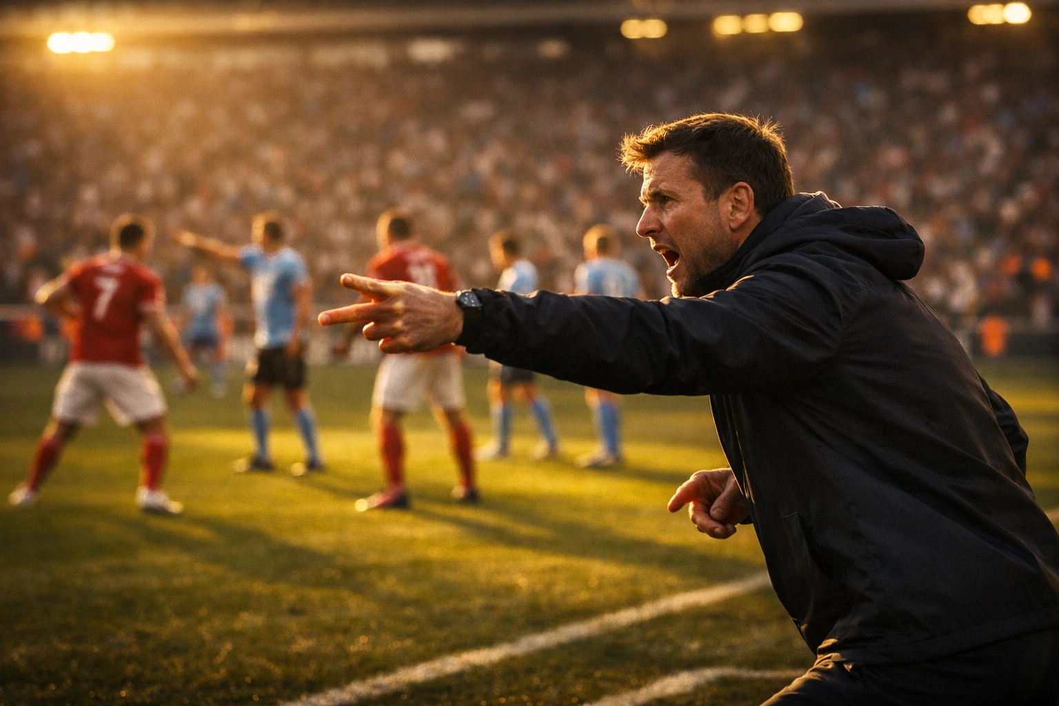 Fußball-Trainer gibt taktische Anweisungen während Spiels vom Spielfeldrand