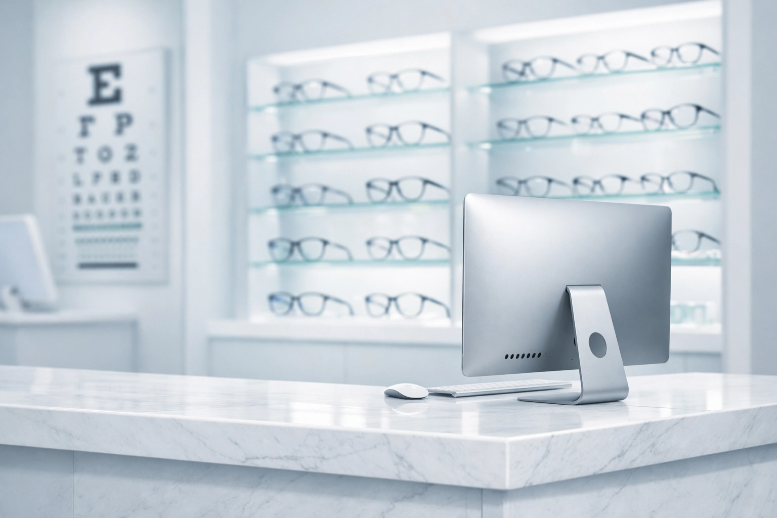 A modern optometry reception desk showing a clean workspace for optometry revenue cycle management.