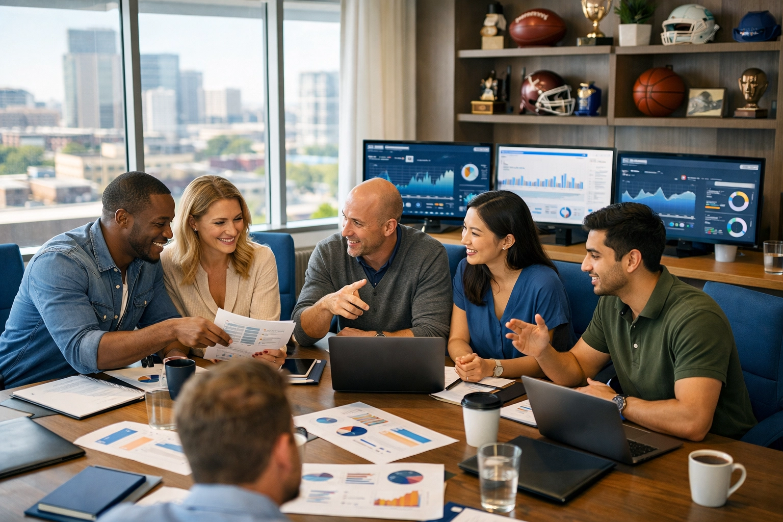 In-house marketing team collaborating on sports advertising network strategy in a modern office