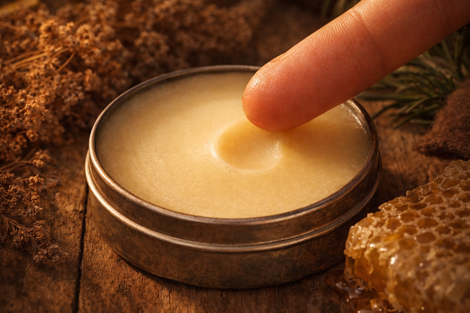 Fingertip scooping dense, solid grass-fed tallow balm from tin in warm rustic lighting