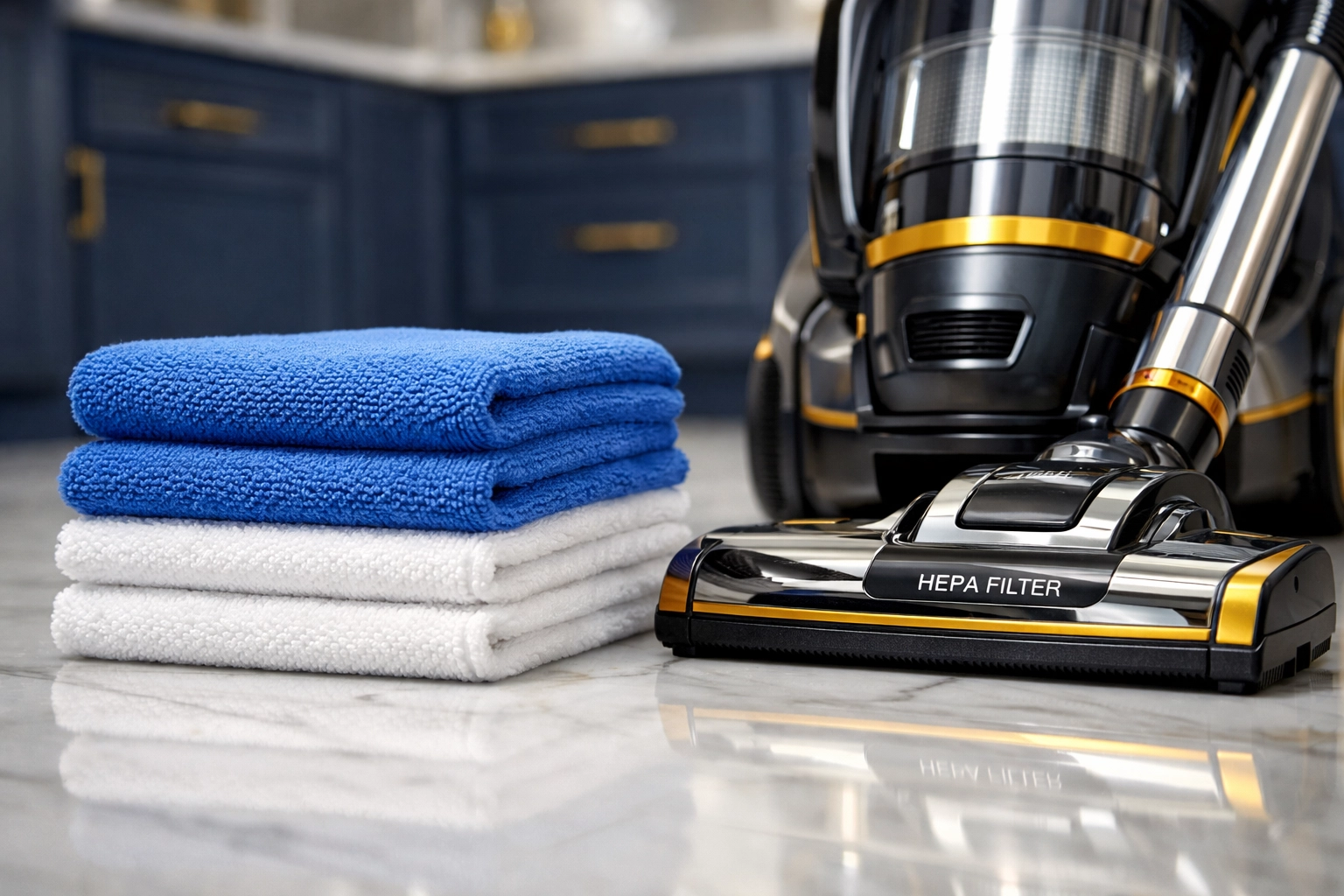 Professional HEPA-filtration vacuum and microfiber cloths for eco-friendly house cleaning in Massachusetts.