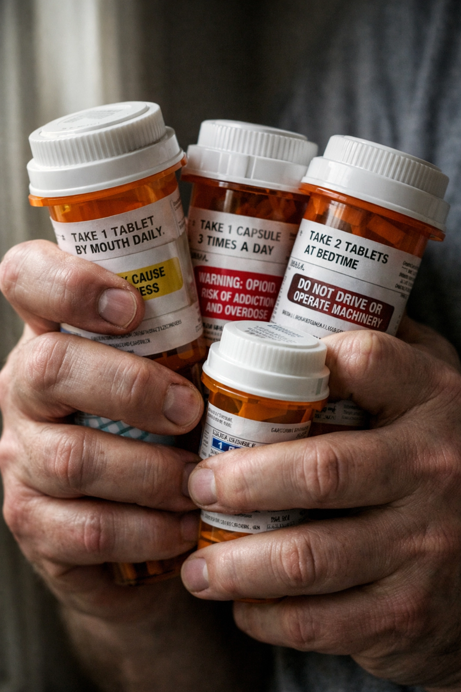 Hands gripping multiple prescription bottles illustrating dangerous medication combinations