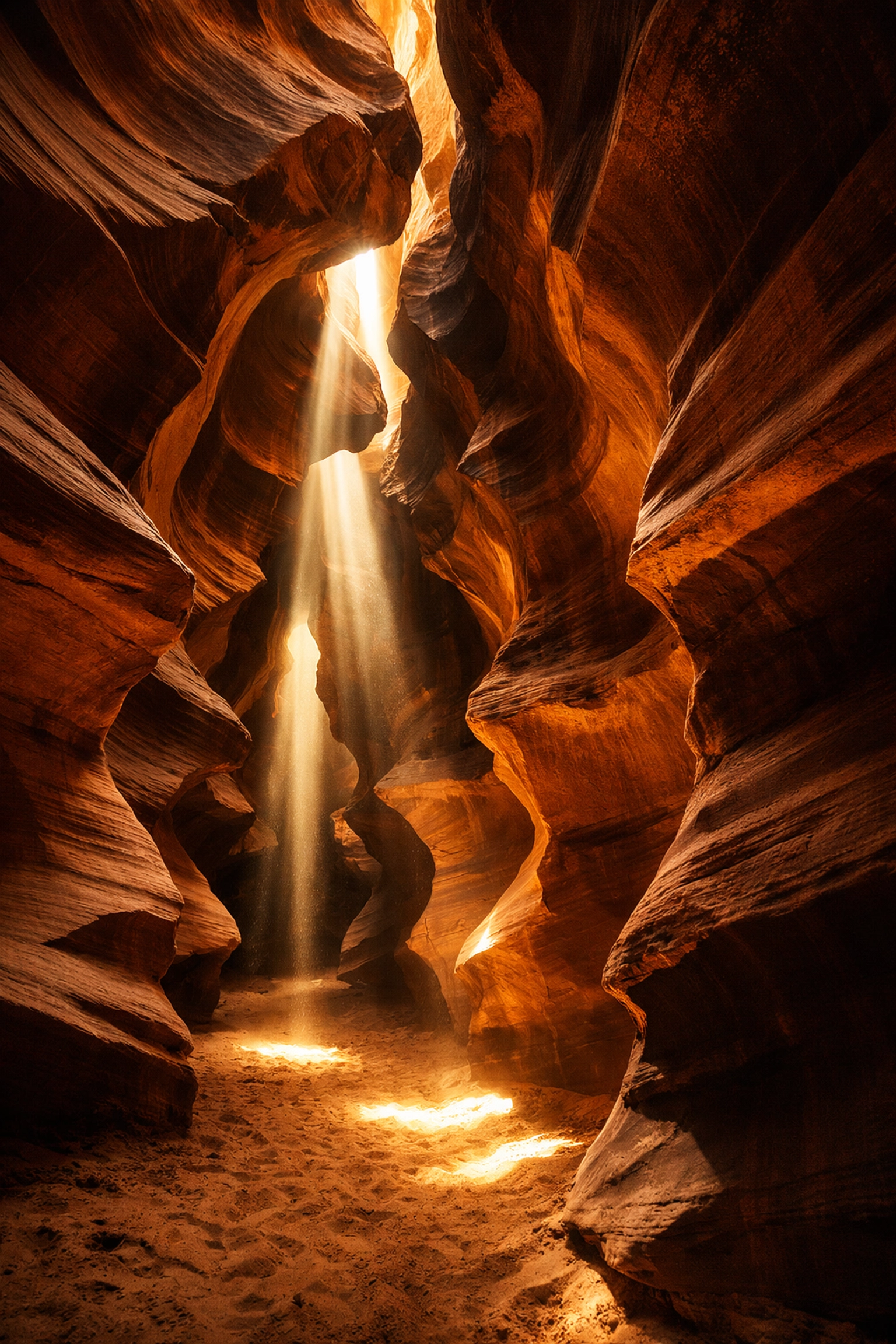 Slot canyon with sunbeams and deep shadows showing natural dynamic range landscape photography tips.