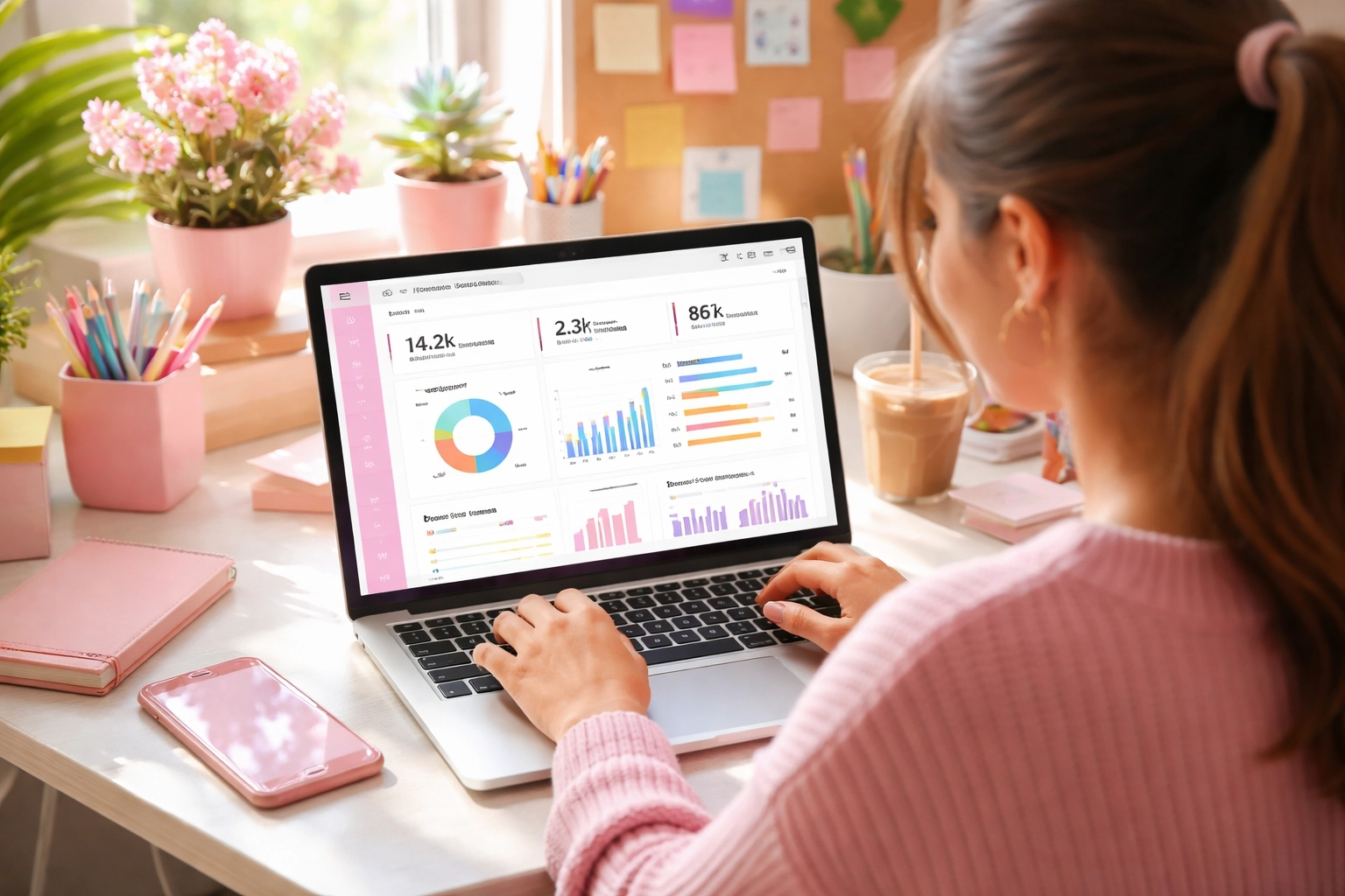 Female social media manager reviews engagement analytics at a bright, modern workspace for business growth insights.