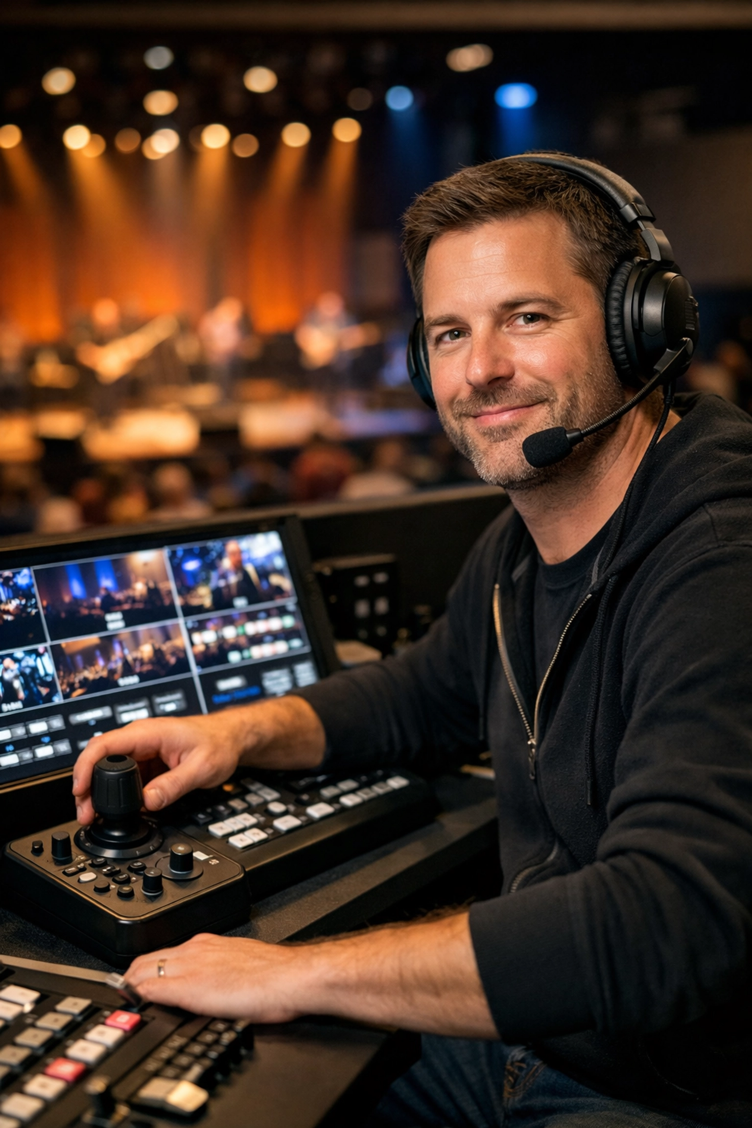 Volunteer operating a professional PTZ joystick and video switcher for a live church broadcast.