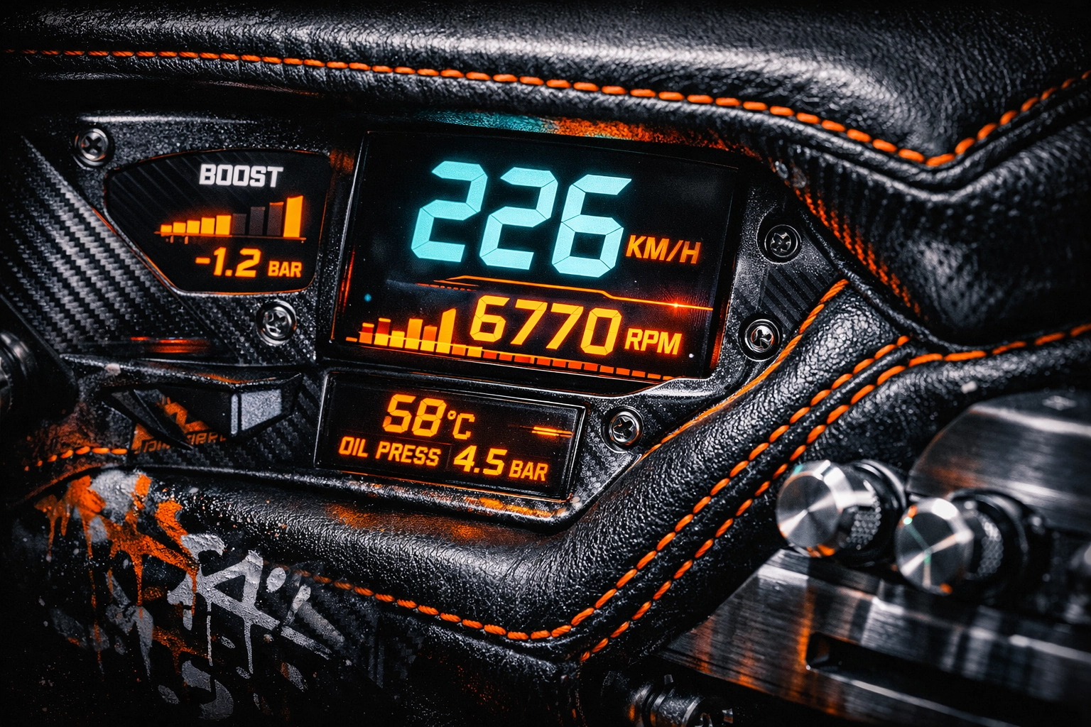 Professional custom vehicle interior installation with orange accent stitching and digital displays.