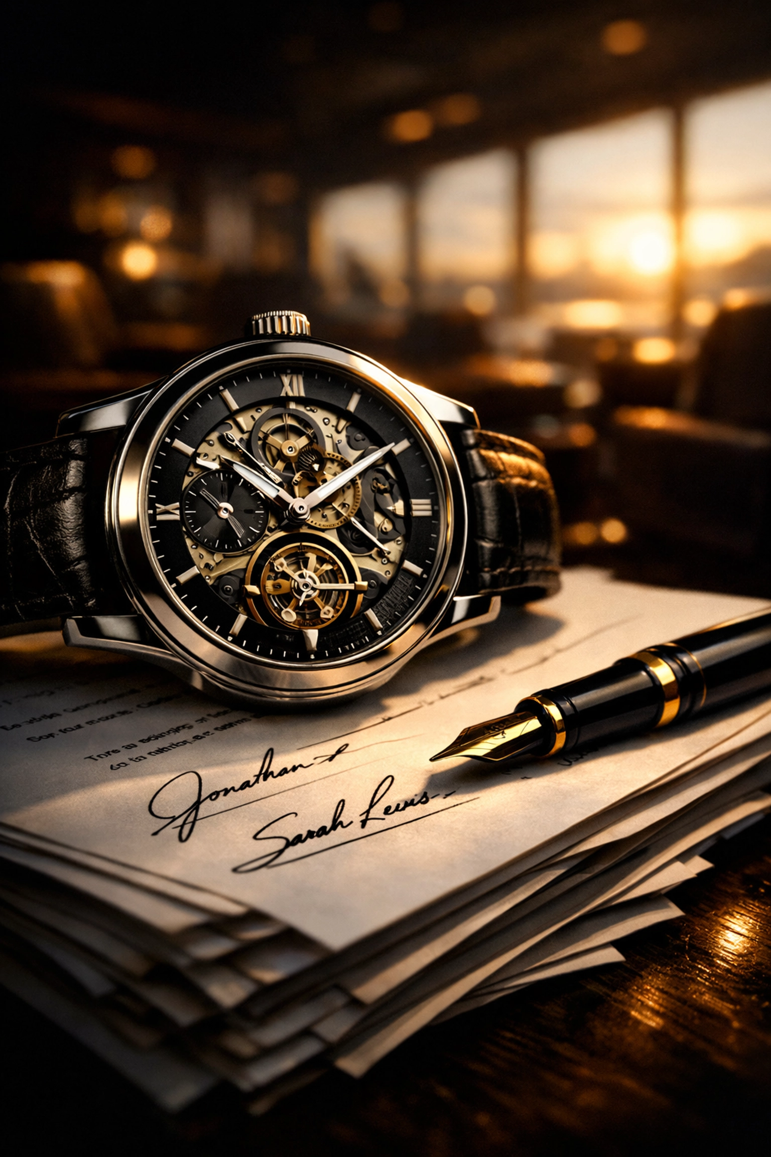 Luxury watch on signed speaking contracts representing time saved with automated speaker booking systems.