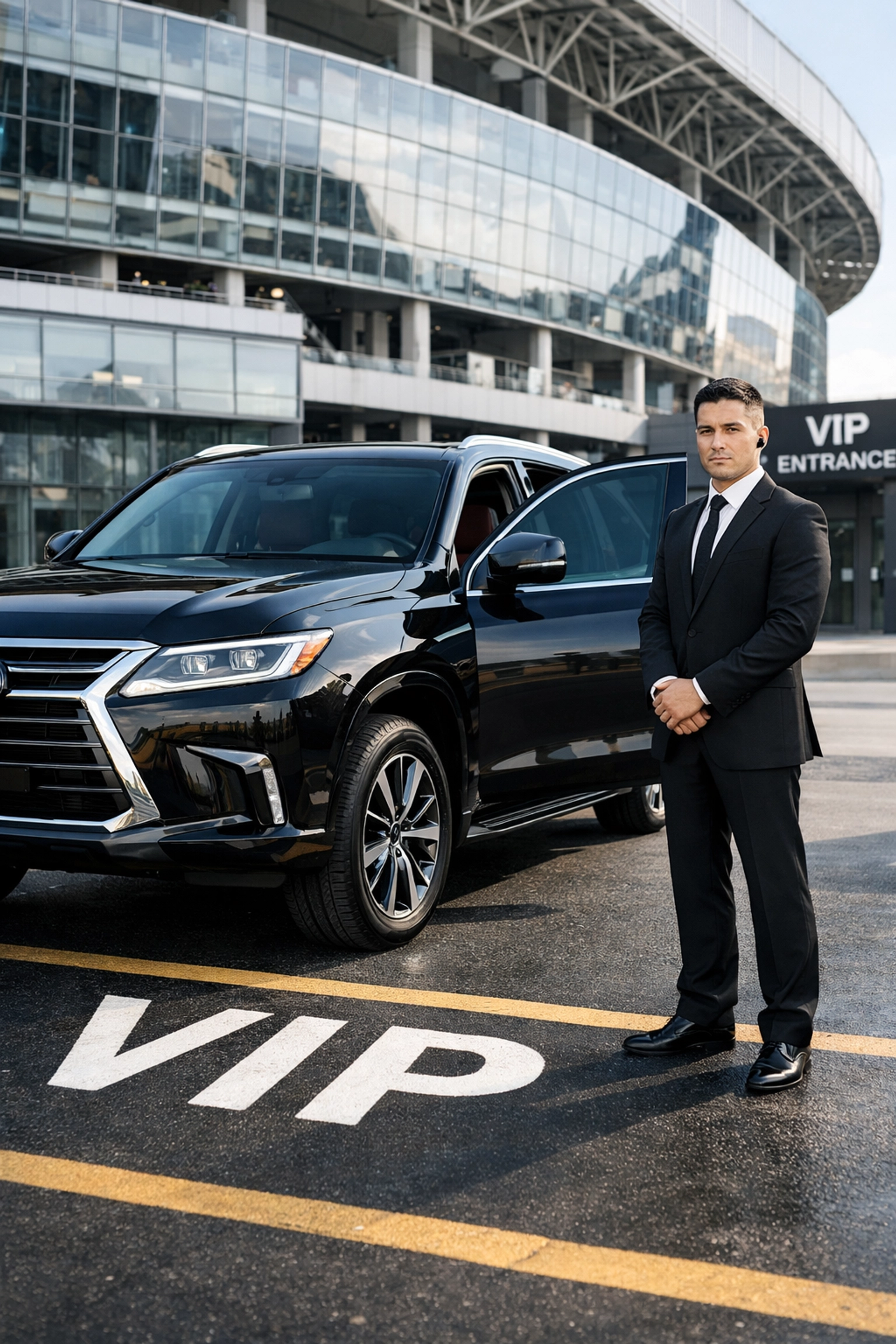 Chauffeur-driven luxury SUV at a secure stadium entrance for Super Bowl VIP transportation.
