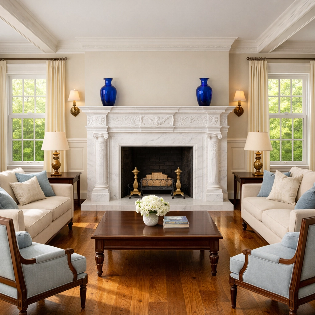 A polished marble fireplace following a professional Weston Georgian Colonial deep cleaning.