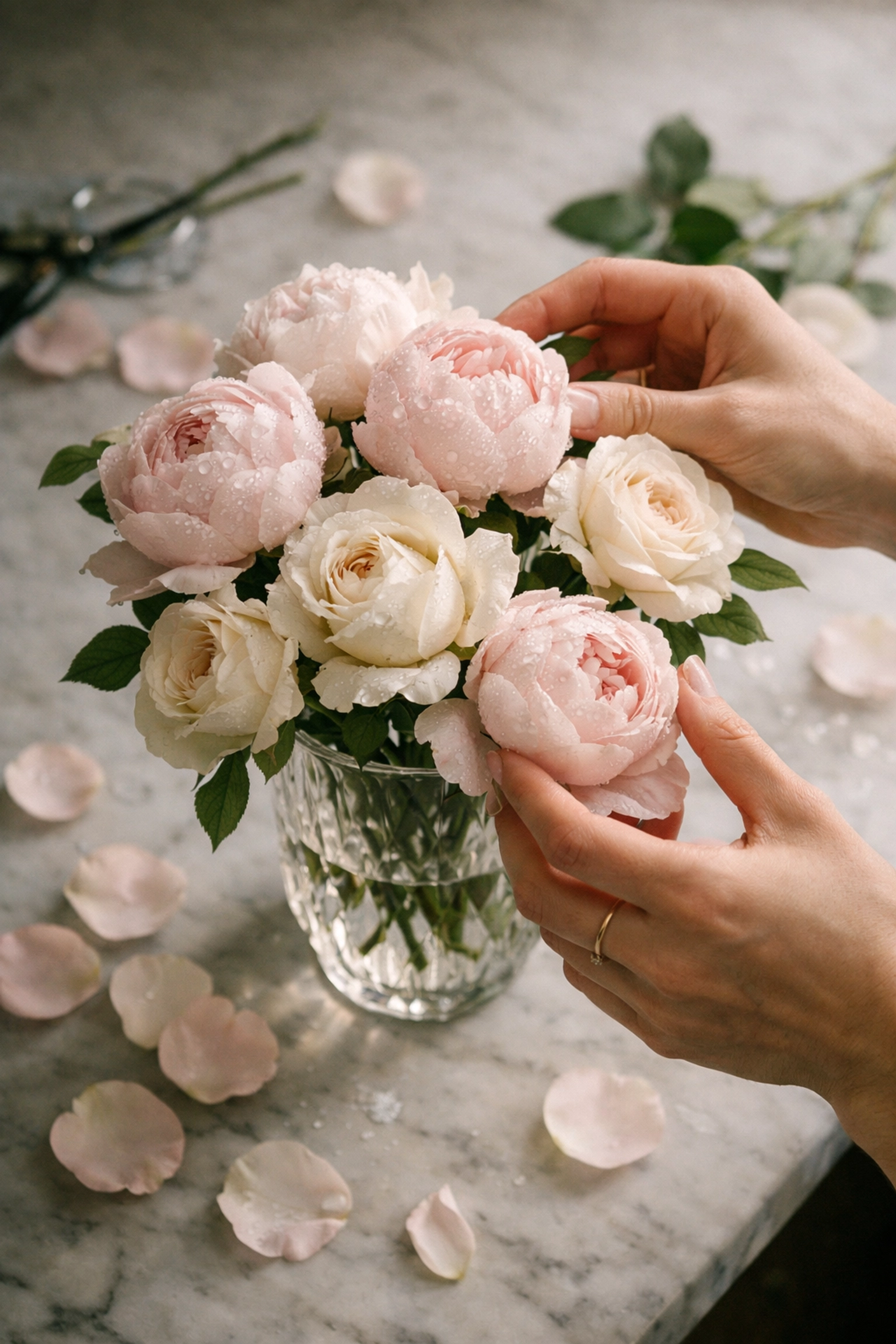 Florist hands arranging pink peonies and white roses in crystal vase with delicate petals