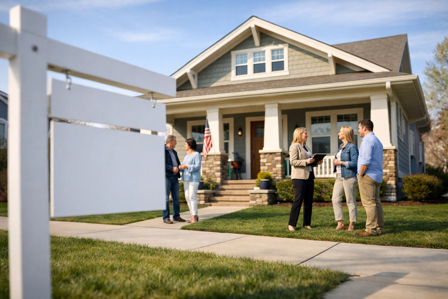 Potential buyers visiting a calm open house at a Craftsman-style home in a Hampton Roads neighborhood.