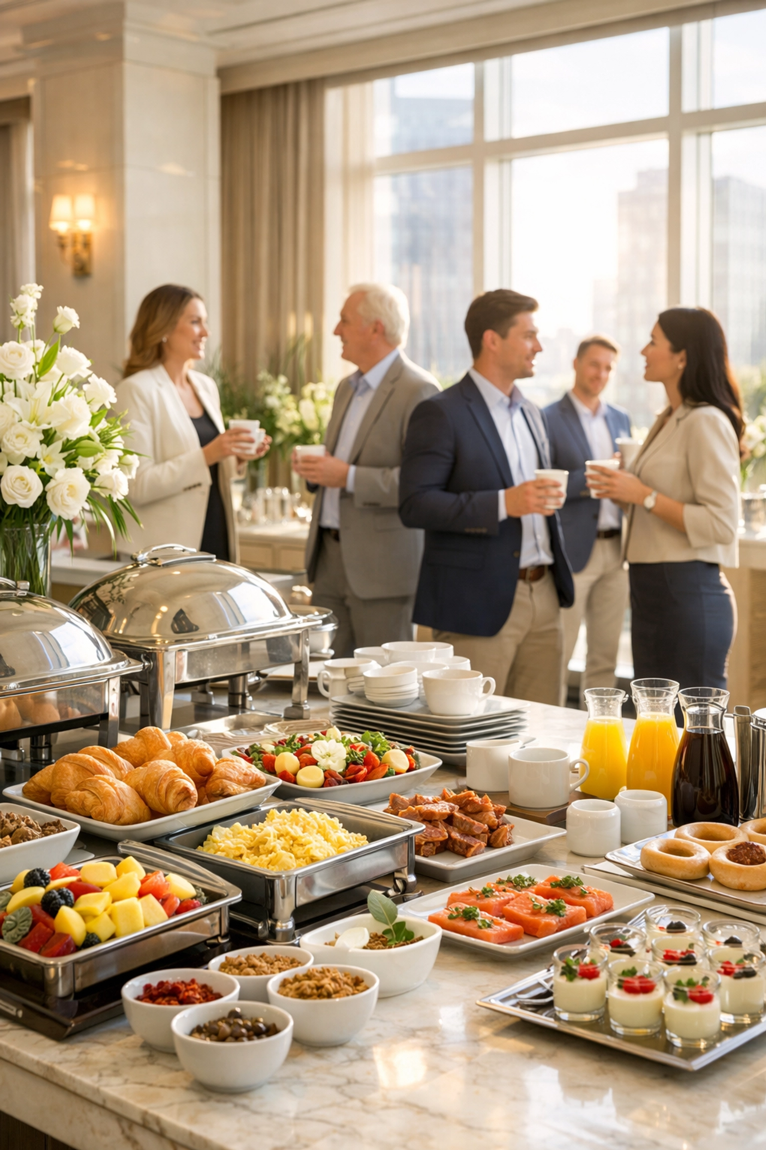 Business professionals networking at upscale breakfast buffet during Super Bowl weekend