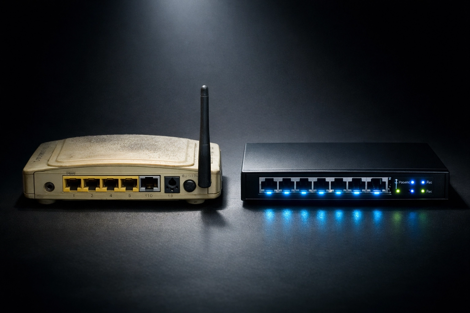 Outdated router compared to modern network equipment showing need for upgrades